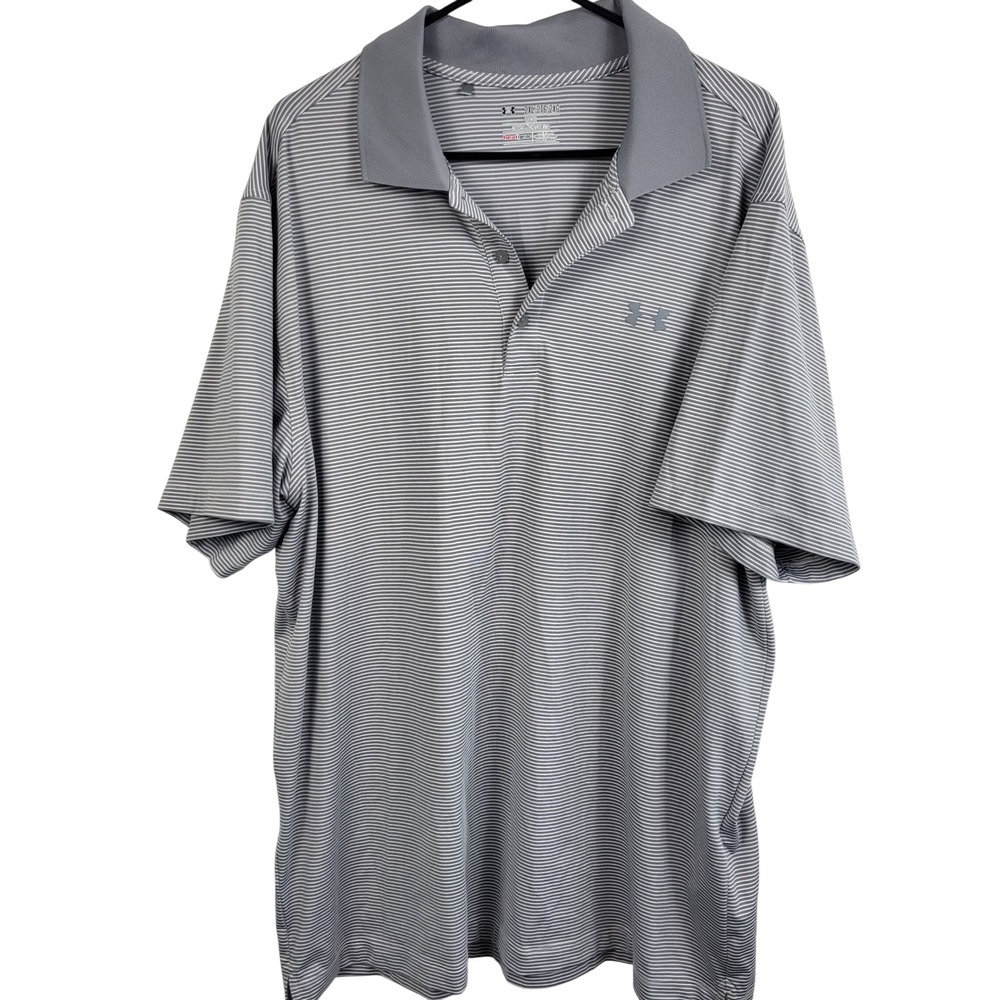 Under Armour HeatGear Polo Shirt Men 2XL Gray Striped Loose Fit Golf Performance
